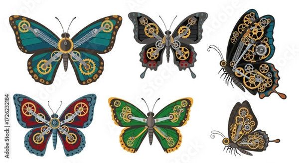 Fototapeta Steampunk Butterflies - Intricate Mechanical Insect Illustrations.