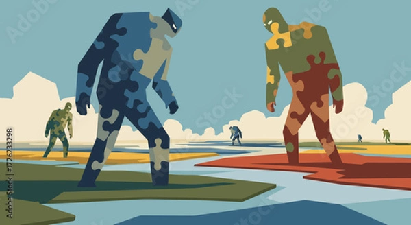 Fototapeta Two large, imposing figures stand facing each other, ready for confrontation.