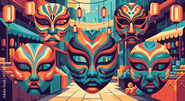 Fototapeta Vibrant Masks Displayed in a Festive Street Setting.