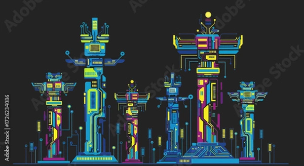 Fototapeta Vibrant Neon Totem Poles Illuminated in a Dark Setting with Geometric Patterns.