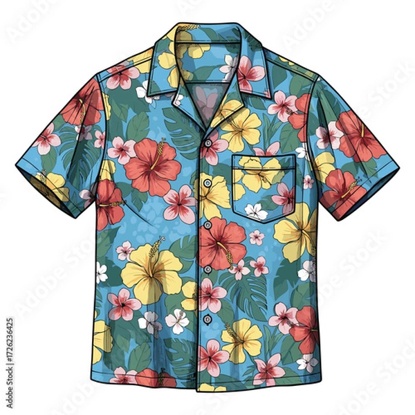 Fototapeta Vector Pattern Hawaiian Shirt with Floral Hibiscus and Leaf Elements in Bright Colorful Style