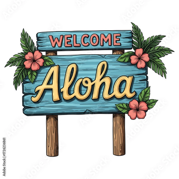Fototapeta Vector Illustration of Welcome Sign with Aloha Text in Tropical Style for Beach Resort and Hawaiian Theme Designs