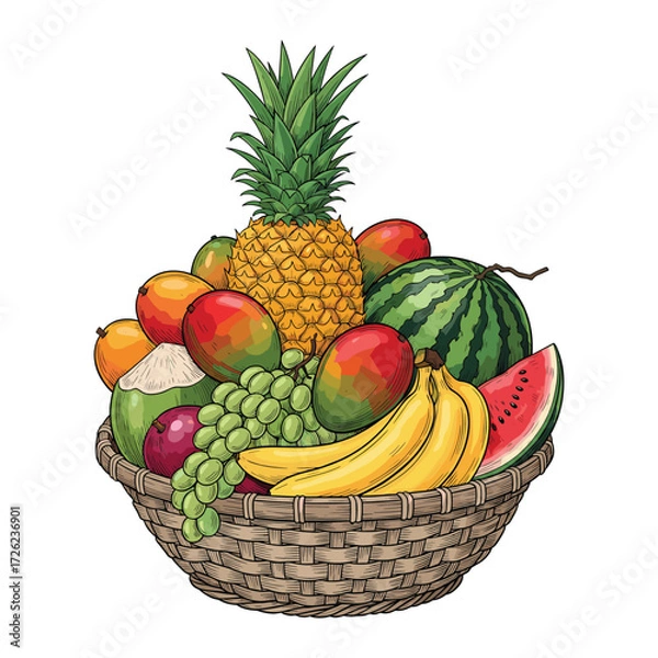 Fototapeta Vector Illustration of Fruit Basket with Pineapple Watermelon Banana and Grape in Modern Organic Style