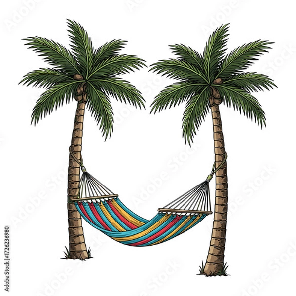 Fototapeta Vector Illustration of Two Palm Trees with Colorful Hammock in Modern Tropical Style