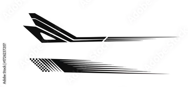 Fototapeta Dynamic black racing stripe designs with speed lines and checkered flag elements for modern vehicle graphics and automotive branding 
