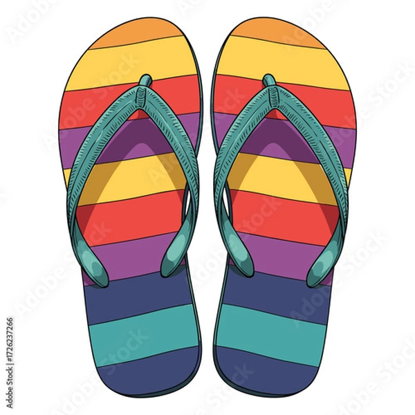 Fototapeta Vector Illustration of Colorful Rainbow Striped Flip Flops in Minimalist Style for Summer Casual Fashion