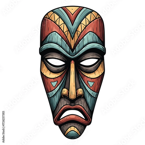 Fototapeta Vector Illustration of Traditional Tiki Mask with Geometric Patterns in Vibrant Colors in Modern Style