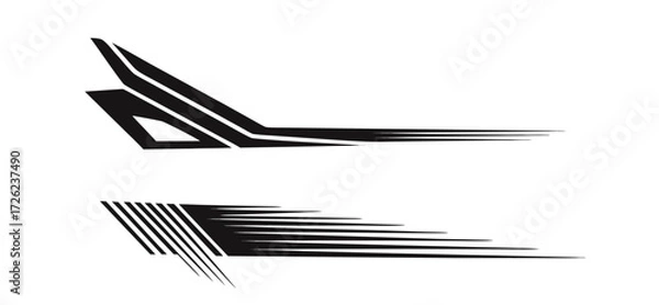 Fototapeta Dynamic black racing stripe designs with speed lines and checkered flag elements for modern vehicle graphics and automotive branding 
