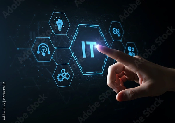 Fototapeta A hand touches a digital IT interface with glowing icons and hexagonal shapes.