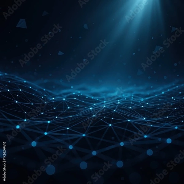 Fototapeta Futuristic data waves and glowing blue particle networks forming a shimmering sci fi landscape of neon circuits energy streams and floating geometric structures
