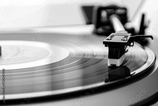 Fototapeta A close-up view of a vinyl record spinning on a turntable, showcasing details of the needle, grooves, and a timeless musical atmosphere. Generative AI.