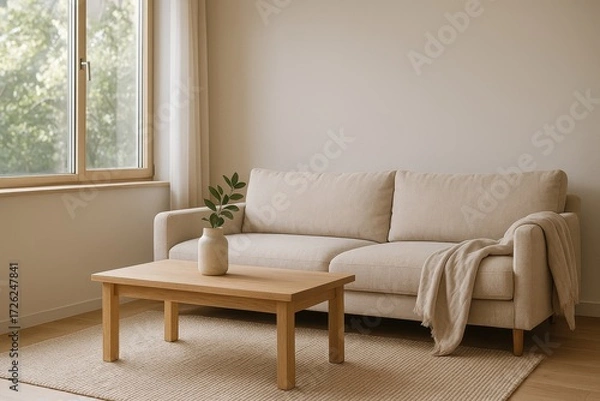 Obraz Japandi living room with beige sofa wood accents and calm minimalist natural light