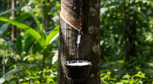 Fototapeta Rubber tree sap dripping into a collection bucket in a lush tropical