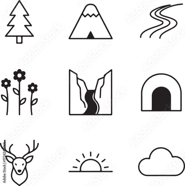 Fototapeta Scenic Iconography: A collection of clean, monochromatic illustrations depicts a range of outdoor elements. The simplicity of the designs creates an engaging visual experience.