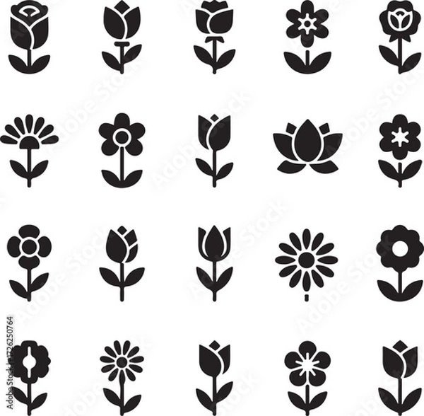 Fototapeta Botanical Illustrations: A visually striking collection of detailed flower icons, featuring a diverse range of floral designs to capture the essence of nature's beauty.