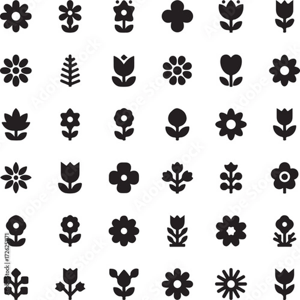 Fototapeta Floral Symphony: A stunning collection of meticulously crafted, monochromatic flower icons in various forms and botanical styles, offering endless design versatility