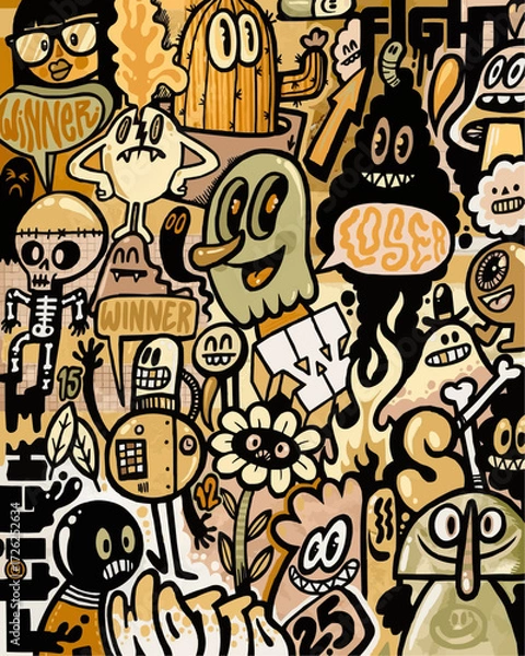 Fototapeta Whimsical cartoon doodle art with playful monsters and quirky characters in a fun, energetic, hand-drawn style perfect for creative projects