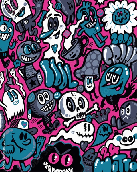 Fototapeta Playful cartoon monsters and quirky characters create a fun, chaotic vibe, perfect for kid-friendly designs, quirky apparel, and vibrant social media content