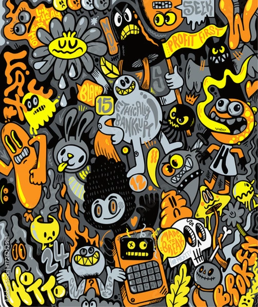Fototapeta Whimsical cartoon chaos artwork featuring quirky, fun characters and bold colors; ideal for playful designs, vibrant backgrounds, and eye-catching projects