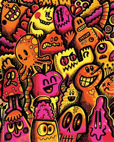 Fototapeta Whimsical monster doodle art for playful designs, vibrant and energetic cartoon character mashup in pink, orange and yellow for a fun, creative project