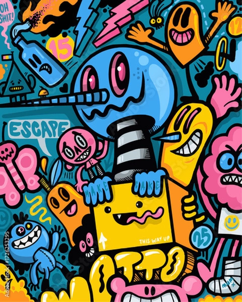 Fototapeta Unleash your imagination with this vibrant doodle art, perfect for playful designs, quirky projects, or adding a burst of color to your creative ideas