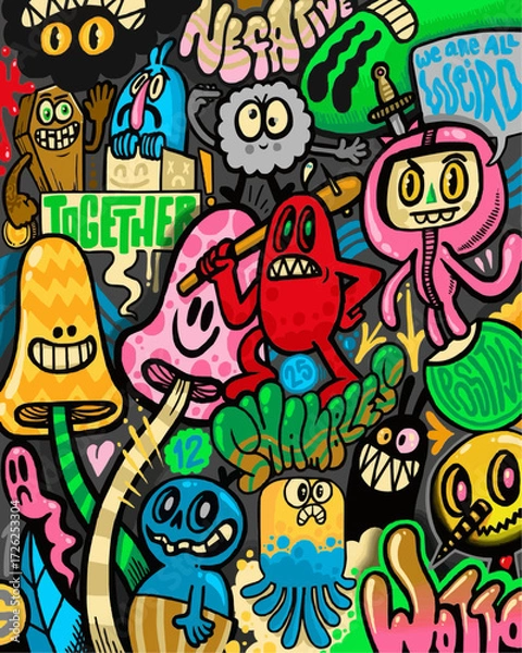 Fototapeta Whimsical doodle art featuring quirky, colorful characters and positive messages; perfect for adding a playful touch to any design project, expressing fun and creativity