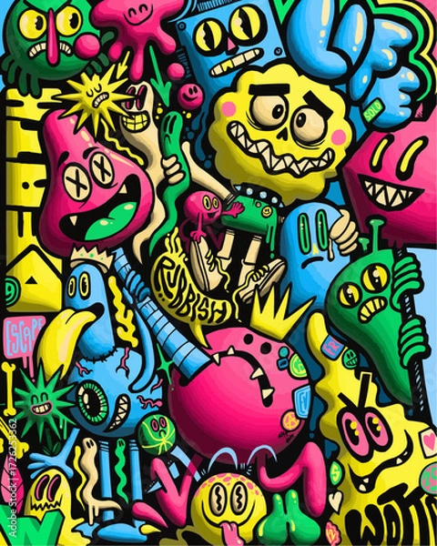 Fototapeta Whimsical doodle art featuring playful cartoon monsters perfect for vibrant designs, children's illustrations, or eye-catching creative projects with a fun, quirky feel