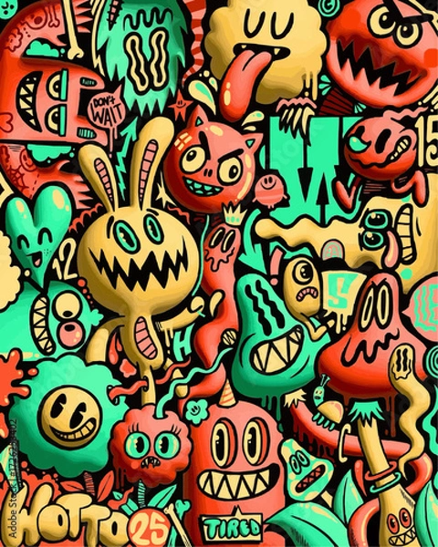 Fototapeta Whimsical cartoon doodle illustration with colorful monsters and playful expressions, perfect for vibrant designs and creative projects with a fun, quirky vibe