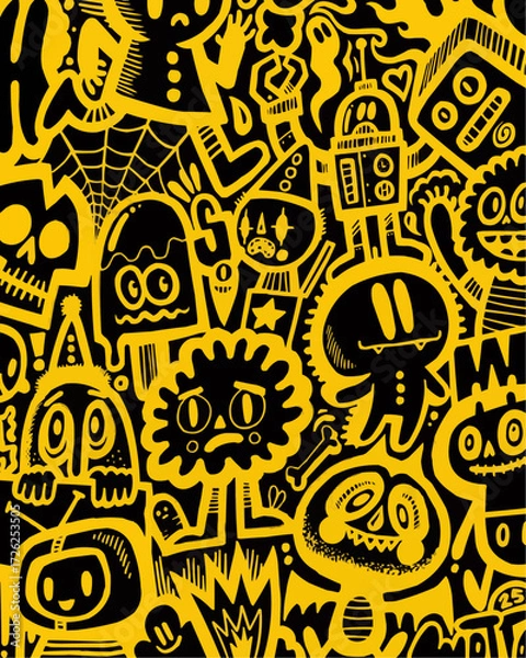 Fototapeta Whimsical Halloween doodles in vibrant yellow on black for festive designs, playful backgrounds, and eye-catching seasonal marketing materials in vector style