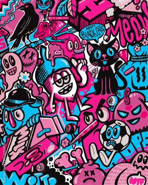Fototapeta Vibrant and playful cartoon artwork bursting with colorful characters, perfect for streetwear designs, edgy branding, and creative projects