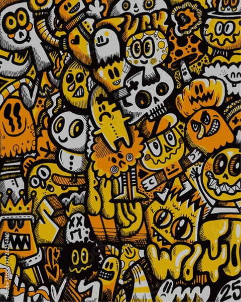 Fototapeta Whimsical doodle art featuring a vibrant collection of playful characters, perfect for adding a fun and modern vibe to any creative project