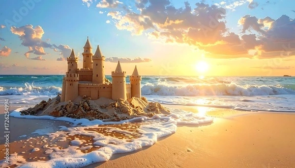 Obraz Sandcastle at sunset on beach