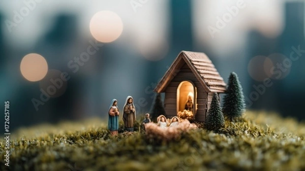 Fototapeta Heartwarming miniature nativity scene featuring holy family and figures in cozy stable surrounded by festive bokeh lights for christmas celebration