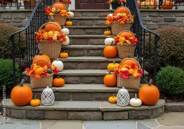 Fototapeta A festive autumn display of pumpkins and gourds adorns stone steps, creating a welcoming fall scene