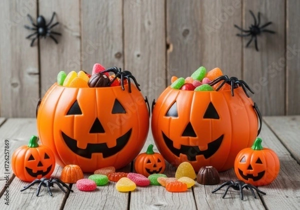 Fototapeta Two jackolantern candy buckets overflowing with colorful halloween candies and plastic spiders sit on a wooden surface