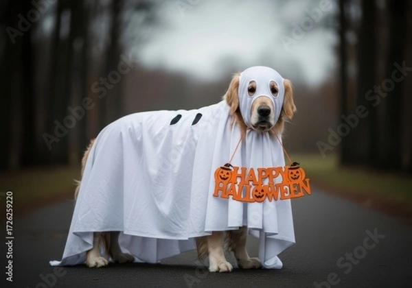 Fototapeta Golden retriever dog dressed as a ghost for halloween, wearing a white sheet and holding a happy halloween sign