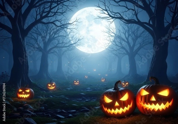 Fototapeta Spooky halloween night with glowing jackolanterns and a full moon in a misty forest, creating an eerie and atmospheric scene