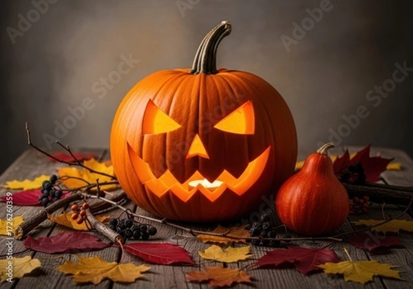Fototapeta Spooky carved halloween pumpkin with a glowing face sits on a wooden table surrounded by autumn leaves and branches, creating a festive atmosphere