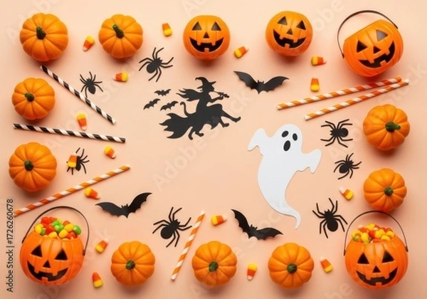 Fototapeta Halloween flat lay with pumpkins, spiders, bats, ghost, witch, candy corn, and straws on a peach background, creating a festive holiday scene