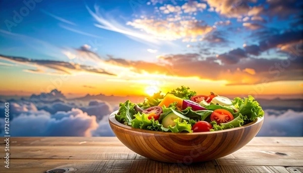 Fototapeta A vibrant vegetable salad in a wooden bowl, set against a breathtaking mountain sunrise, evokes a healthy and peaceful atmosphere.