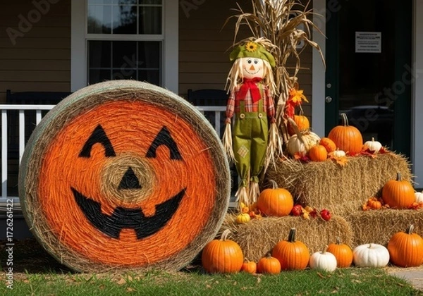Fototapeta A large round hay bale decorated as a jackolantern sits outside a house with a scarecrow and pumpkins for halloween