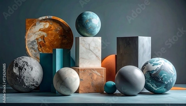 Fototapeta A captivating still life arrangement showcasing diverse geometric shapes and colors, crafted from a variety of materials.