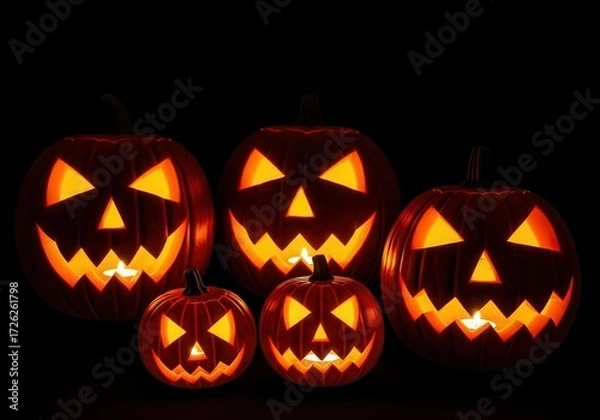 Fototapeta Five carved glowing jackolanterns with spooky faces illuminated from within, arranged in a dark setting, perfect for halloween celebrations and decorations