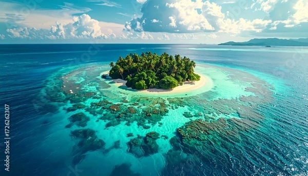 Fototapeta A breathtaking aerial view of a tropical island paradise, showcasing vibrant turquoise waters, lush green vegetation, and a pristine white-sand beach, surrounded by a vibrant coral reef.