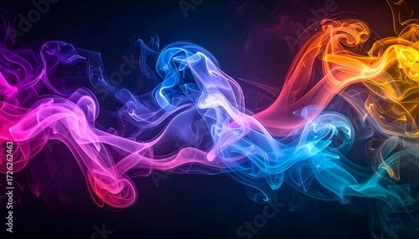 Fototapeta Vibrant swirling smoke plumes in a dynamic display of glowing colors against a dark backdrop.