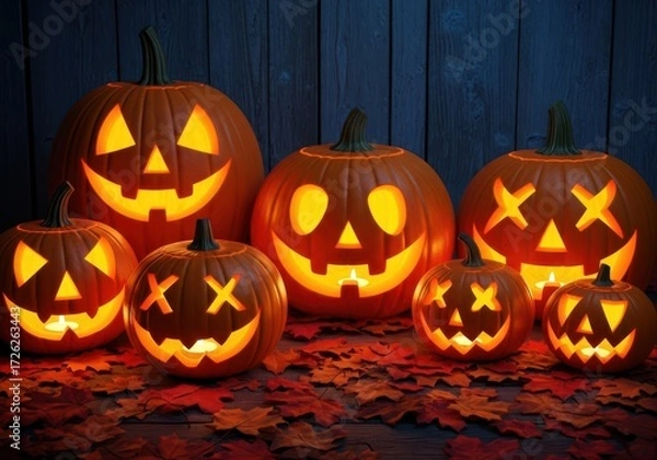 Fototapeta A group of carved halloween pumpkins with glowing lights sit on a bed of autumn leaves in front of a rustic wooden background, creating a spooky atmosphere