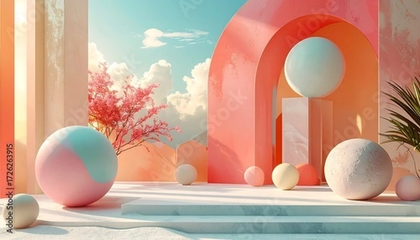 Fototapeta A vibrant, stylized scene features pastel-colored arches, geometric shapes, and spheres, bathed in soft sunlight, creating a tranquil and serene mood.