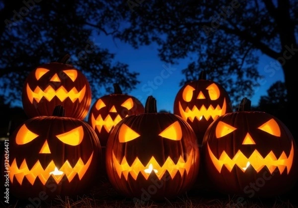 Fototapeta Five carved glowing jackolanterns with scary faces illuminated from within by candles, arranged in a row on the ground at night with a dark tree silhouette in the background