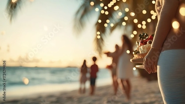 Fototapeta Warm golden sunset illuminates festive beach party with friends and family enjoying tropical holiday celebration with sparkling bokeh lights and delicious dessert. Christmas on beach concept.