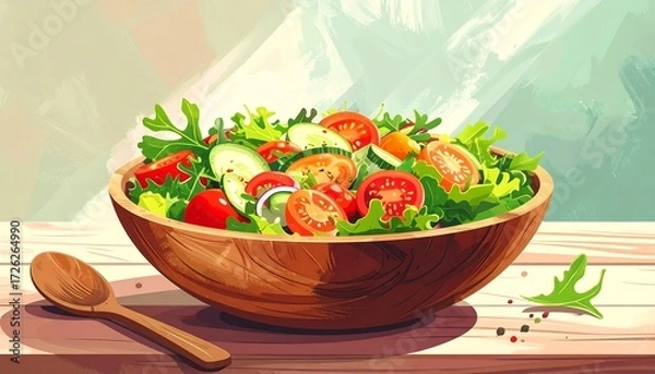 Fototapeta A vibrant illustration of a wooden bowl overflowing with a colorful vegetable salad, featuring crisp greens, juicy tomatoes, and refreshing cucumbers.